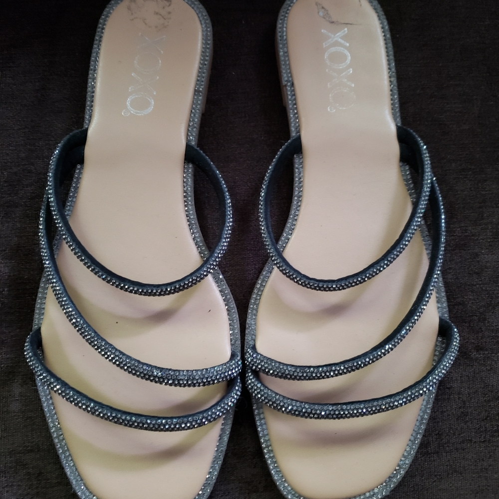 XOXO Black Rhinestone Slip on Strappy Sandals Women's Size 8.5
